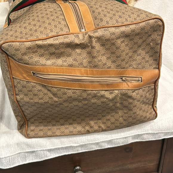 Gucci Duffle Bag GG Logo Canvas Brown Leather Trim Folding Travel Carry On - Picture 4 of 13